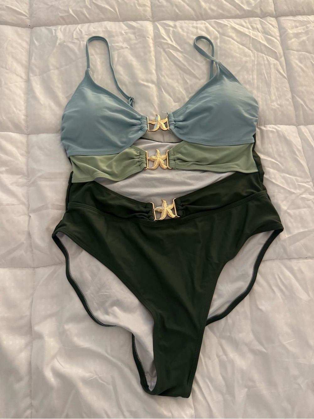 Women’s One-Piece Swimsuit with Gold Starfish Accent - Green Ombre